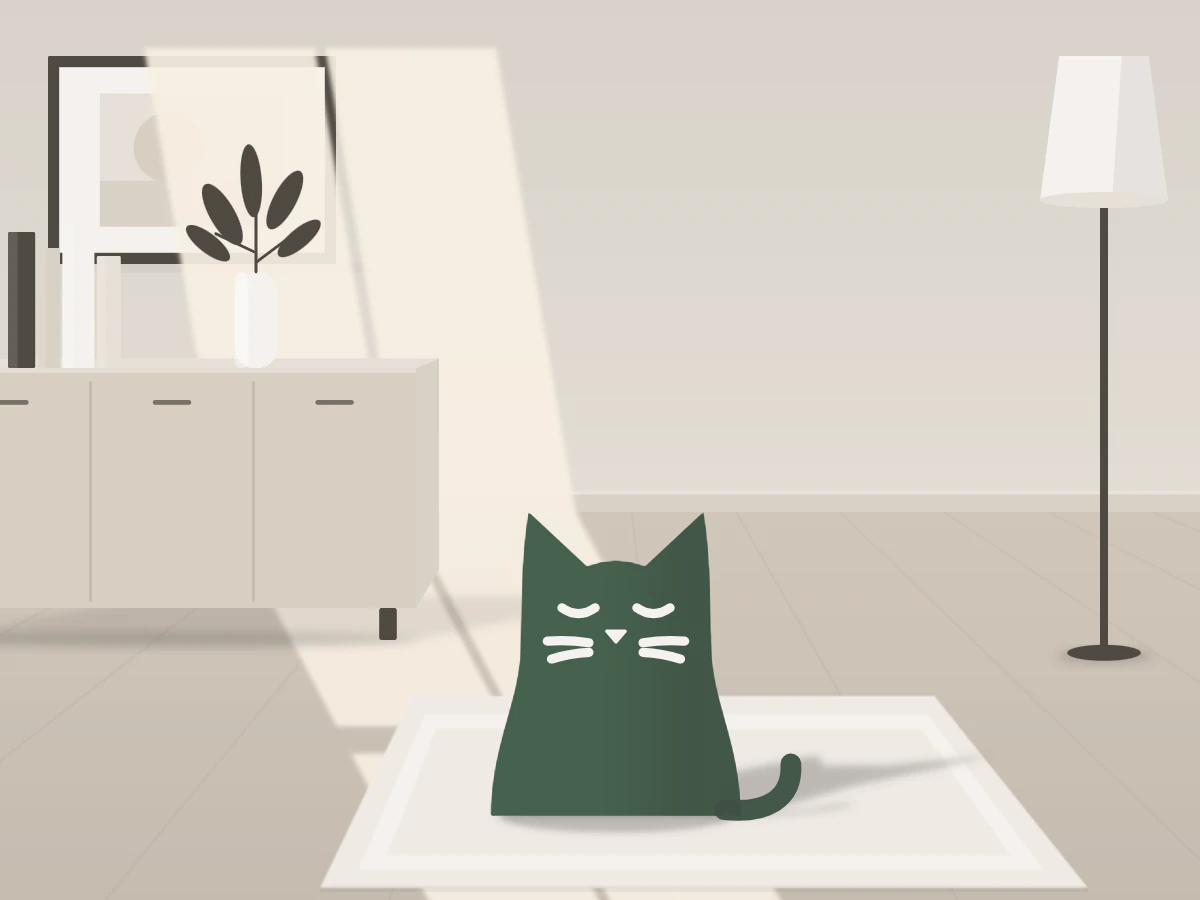 Illustration: the Felina cat in a quiet room at home, in soft window light