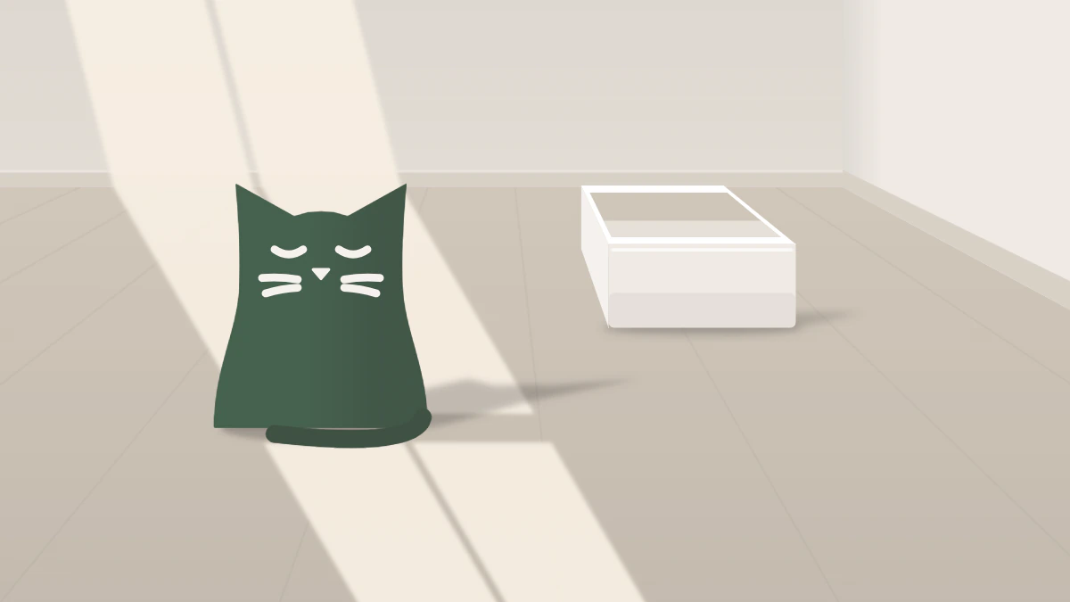 Illustration: the Felina cat sitting near a litter box in a sunny hallway