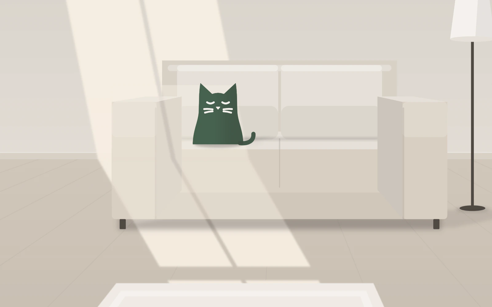 Illustration: the Felina cat resting on a sofa in a calm, sunny living room