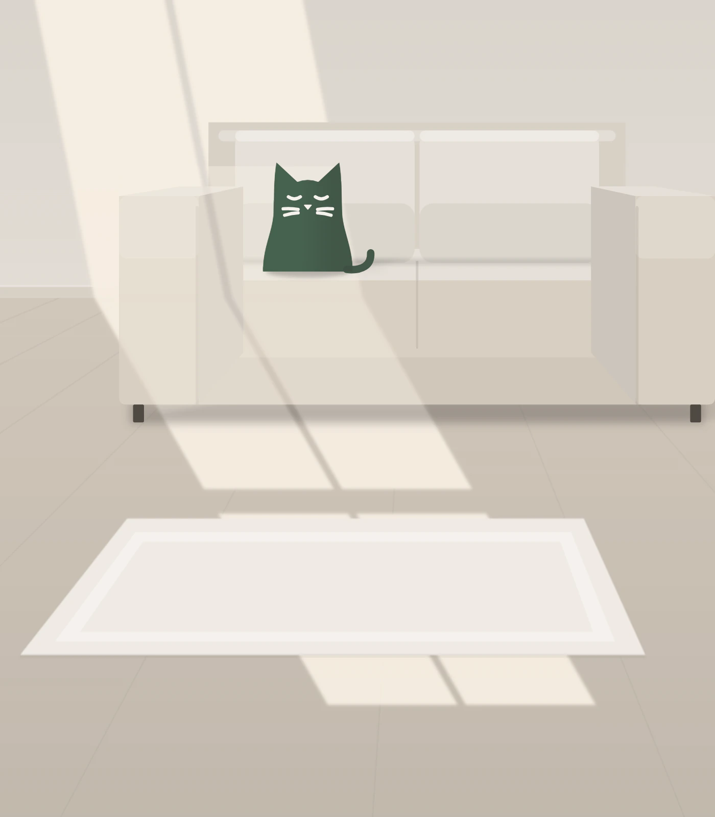 Illustration: the Felina cat sitting on a light sofa in a sunny living room, with a pale rug on the floor