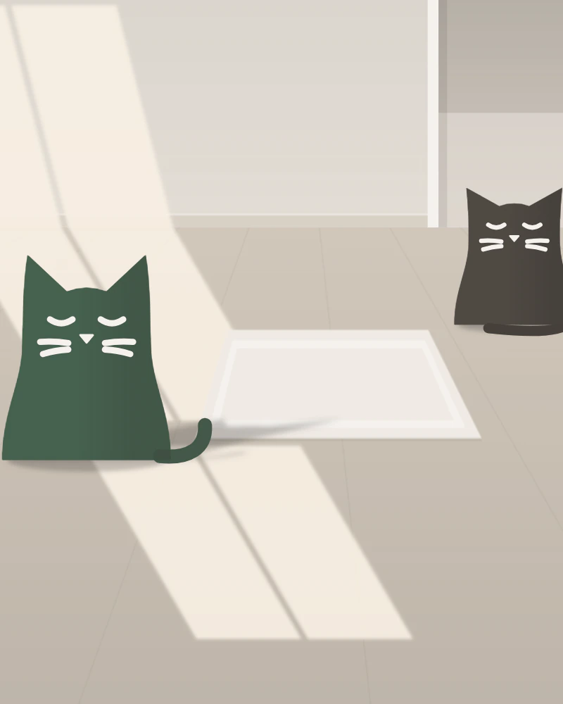 Illustration: the Felina cat and a second, dark grey cat sitting far apart across a sunny room
