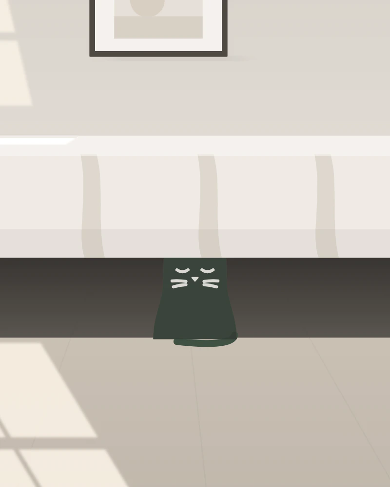 Illustration: the Felina cat peeking out from the shadow under a bed