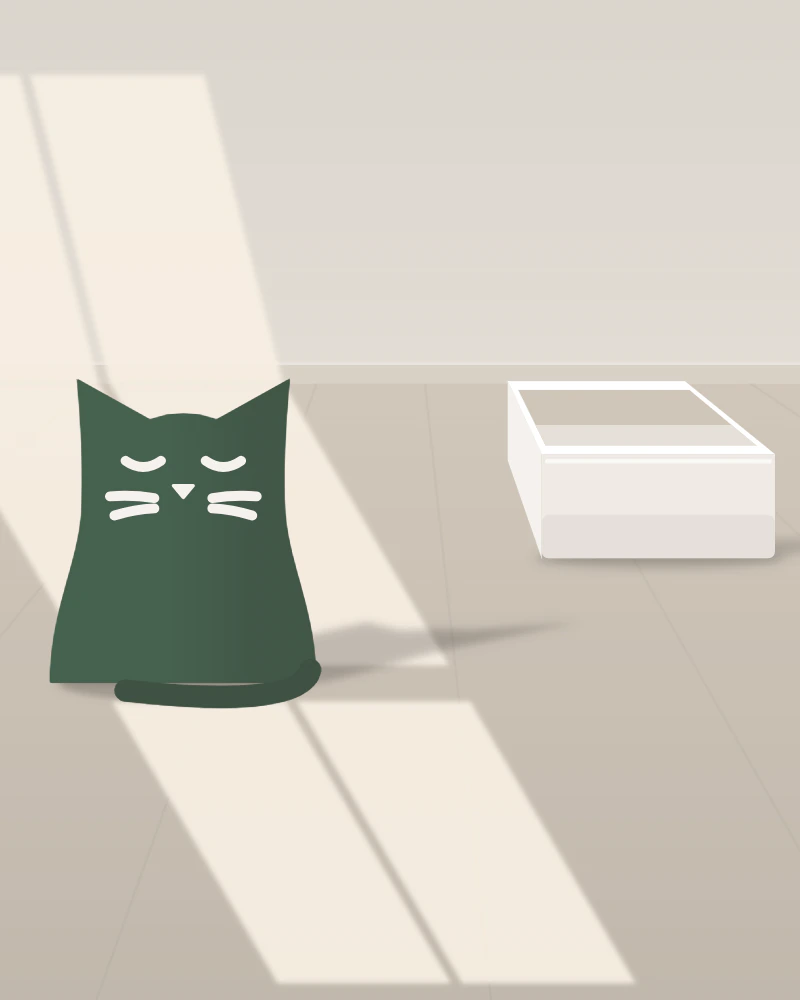 Illustration: the Felina cat sitting in a patch of sunlight, with an open litter box behind them