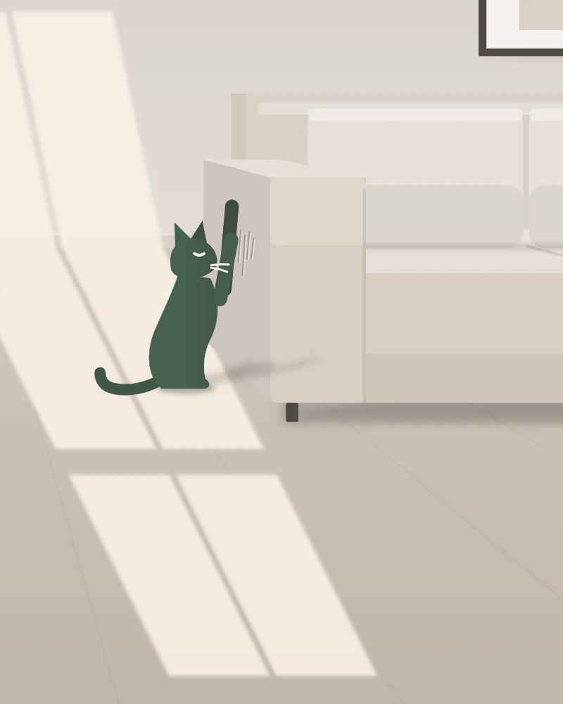 Illustration: the Felina cat stretching up to scratch the arm of a light sofa