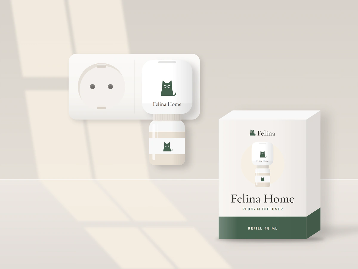 Illustration: the Felina Home plug-in diffuser in a double wall socket, its refill bottle screwed in underneath, with its box on the floor beside it