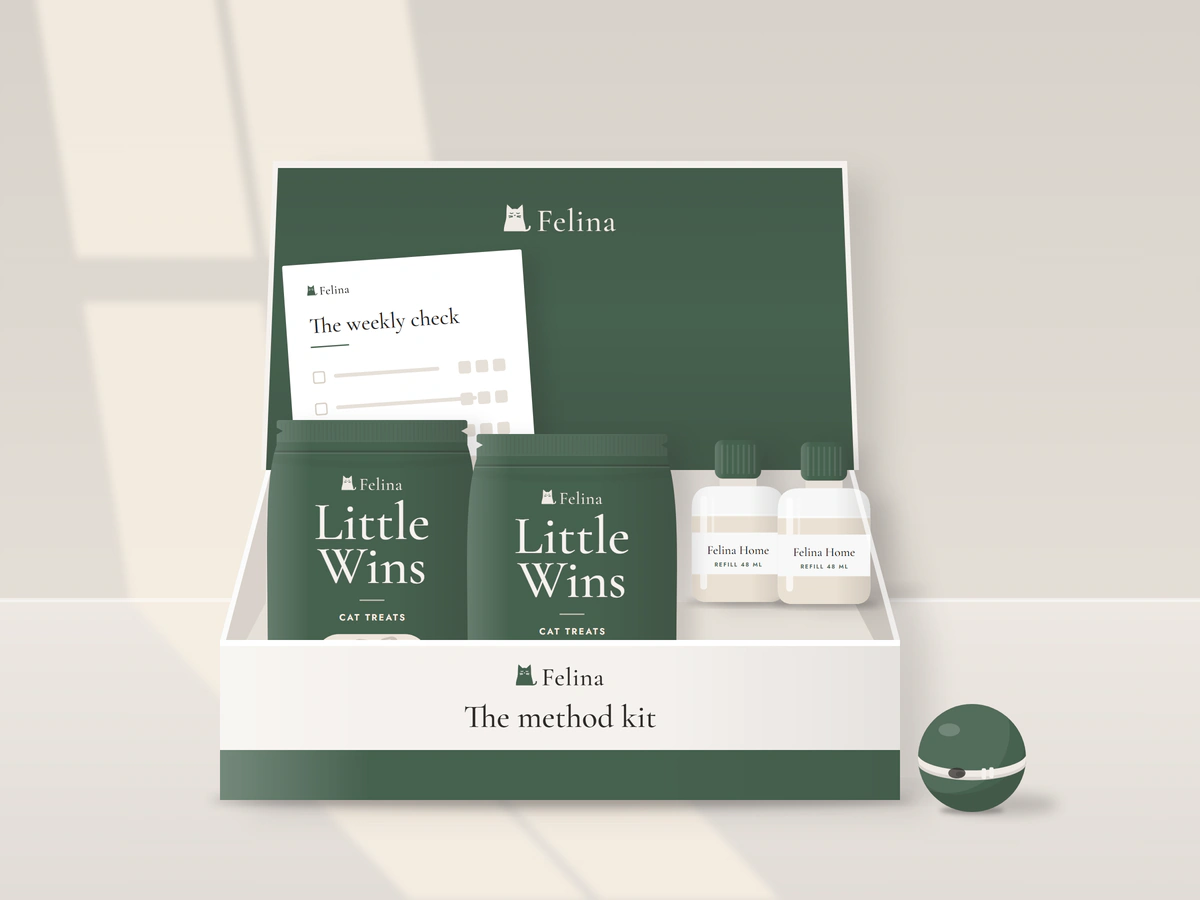 Illustration: the the method kit box, open, with two bags of Little Wins, two refills and a printed sheet called The weekly check inside, and a treat ball beside it