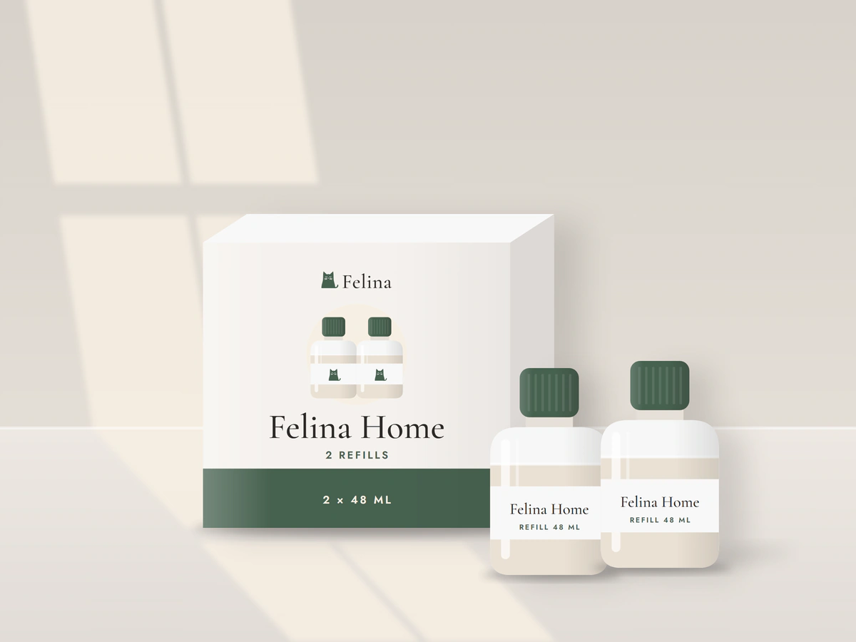Illustration: a box of two Felina Home refills, 2 × 48 ml, with the two refill bottles standing in front of it