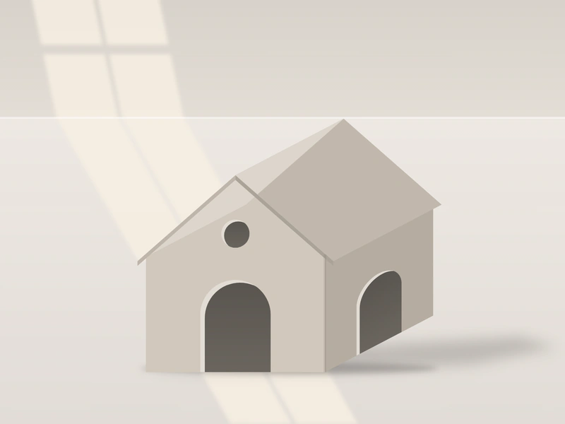 Illustration: a fold-up cardboard house with a pitched roof, a round window and two doors, one at the front and one at the side