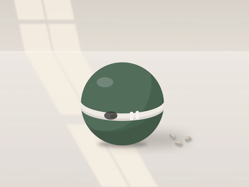 Illustration: a green treat ball with an adjustable opening in the ring around its middle, a few treats beside it