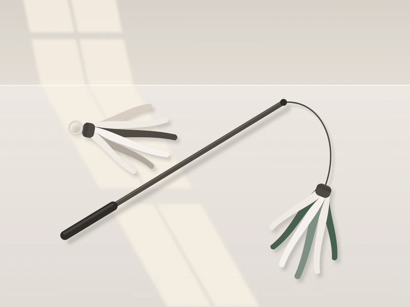 Illustration: a wand toy lying on the floor, its cord ending in a fabric lure, with a spare lure beside it